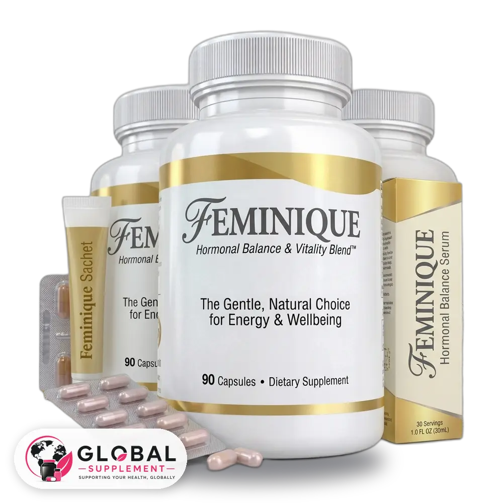 Feminique Hormonal Balance & Vitality Blend supports women's energy, mood, and overall wellbeing with a gentle, natural formula. Each bottle contains 90 capsules (dietary supplement), and the line also includes a convenient on-the-go sachet and a Hormonal Balance Serum for daily use. Available at Global Supplement.